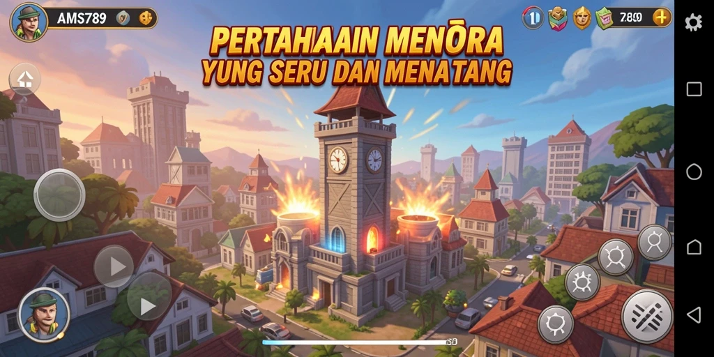Tampilan utama gameplay Tower Defense dalam AMS789 dengan menara yang strategis.