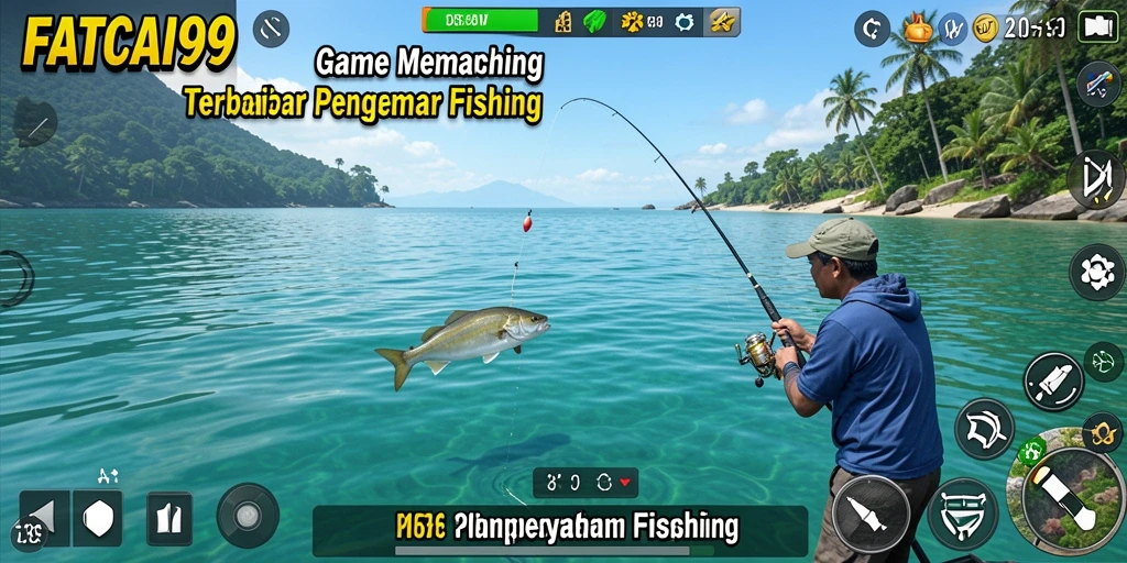 Tampilan seru gameplay FATCAI99 saat memancing dengan teman.