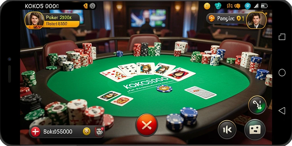 Tangkapan layar dari gameplay KOKO5000 yang menunjukkan suasana meja poker.