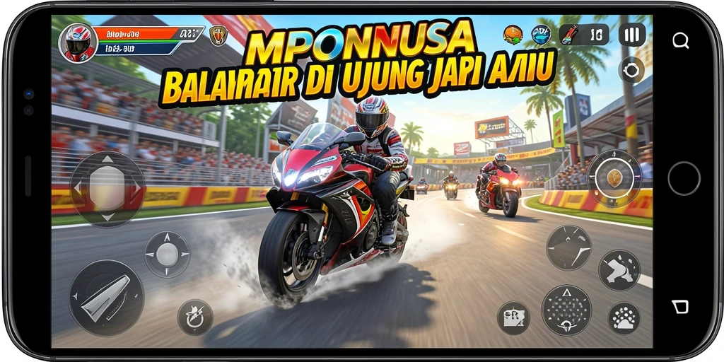 Screenshot gameplay MPONUSA menampilkan aksi balapan motor yang menegangkan.