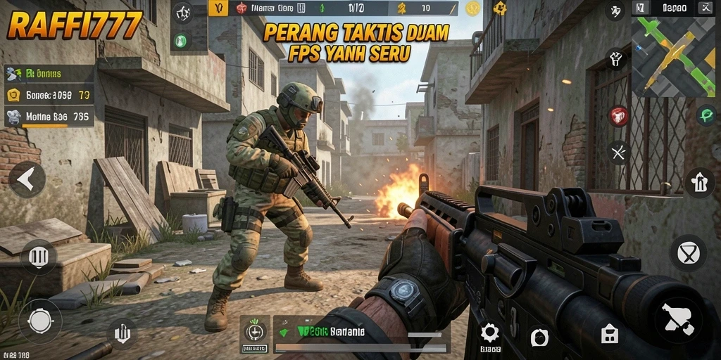 Screenshot RAFFI777 menampilkan aksi tembak-menembak mendebarkan di medan perang.