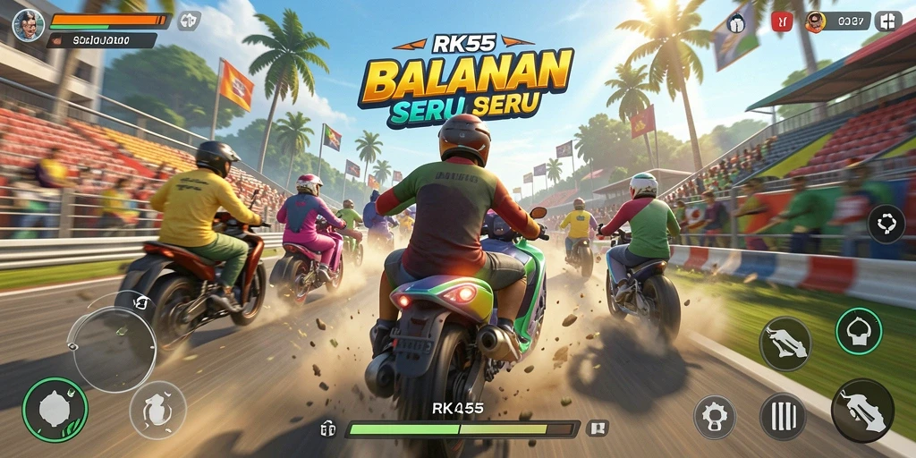 Tampilan gameplay RK55 menampilkan aksi balapan yang dramatis di lintasan yang beragam.