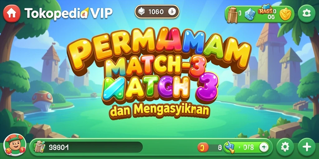 Tampilan gameplay TOKOPEDIAVIP dengan elemen Match-3 yang menarik dan penuh warna.
