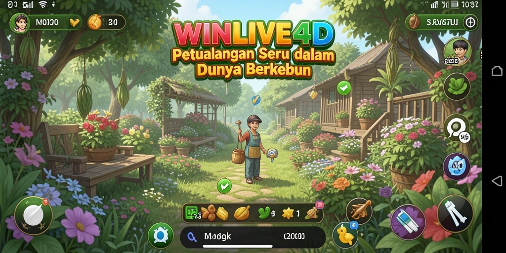 Screenshot utama WINLIVE4D menampilkan gameplay berkebun yang seru dan interaktif.
