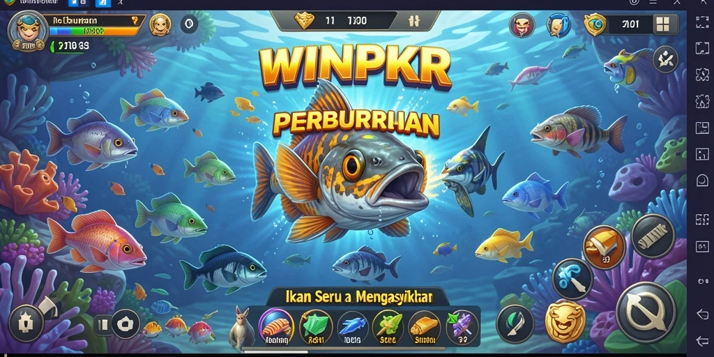 Tampilan gameplay WINPKR yang menampilkan berbagai ikan dan lokasi memancing.